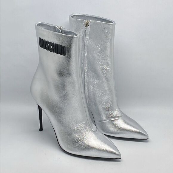 Moschino Logo-Detailed Metallic Leather High-Heel Booties size 38 - Picture 4 of 15